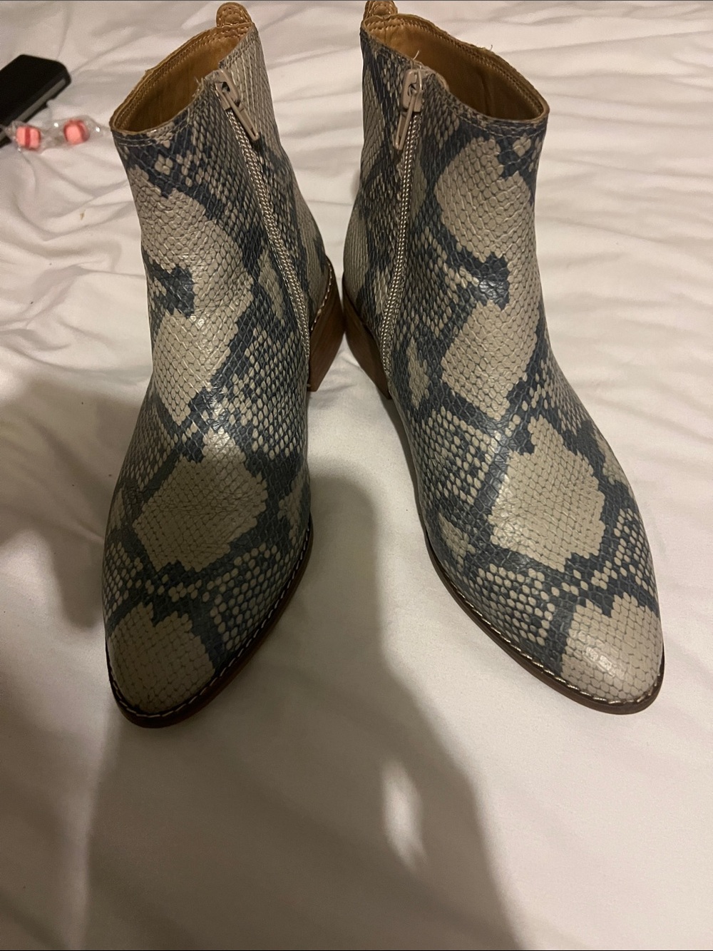 Lucky Brand Snake-Print Ankle Boots in Gray and Cream